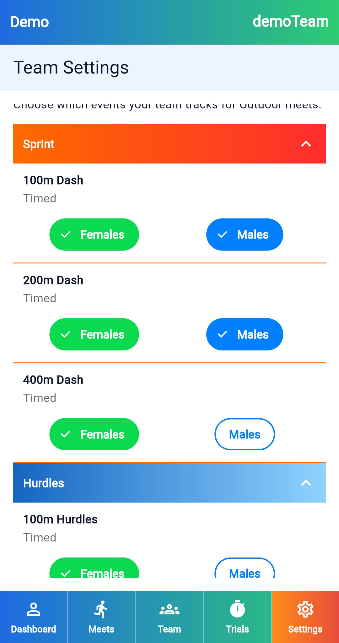 Timed Trials screen