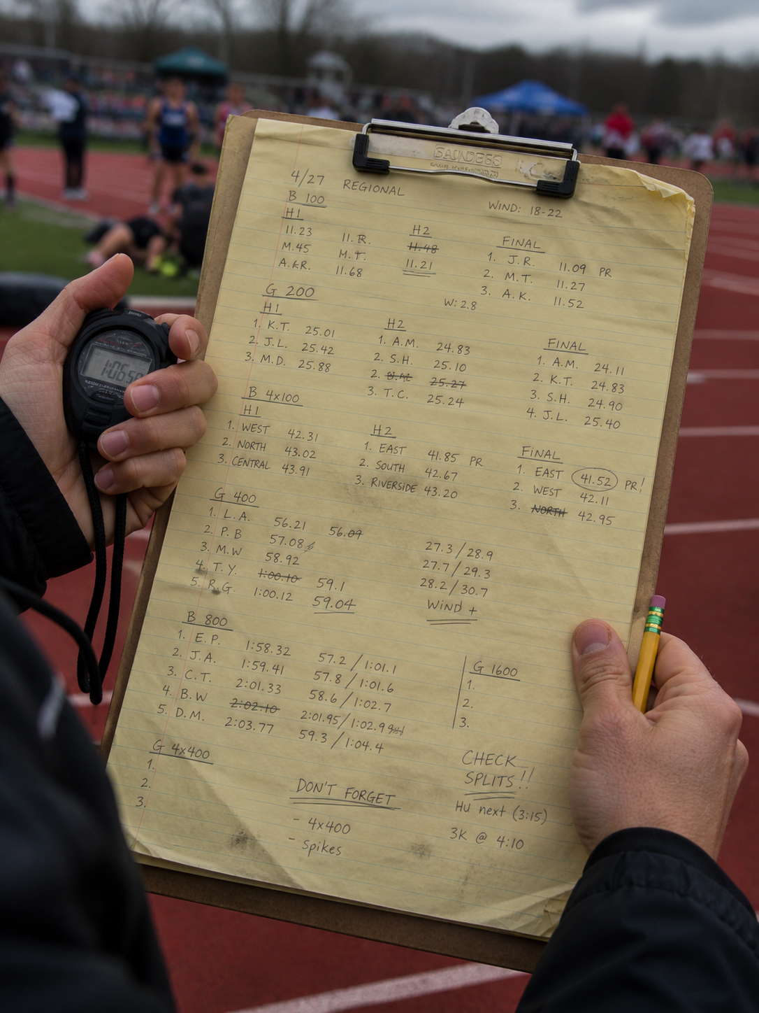 Clipboard with track meet notes